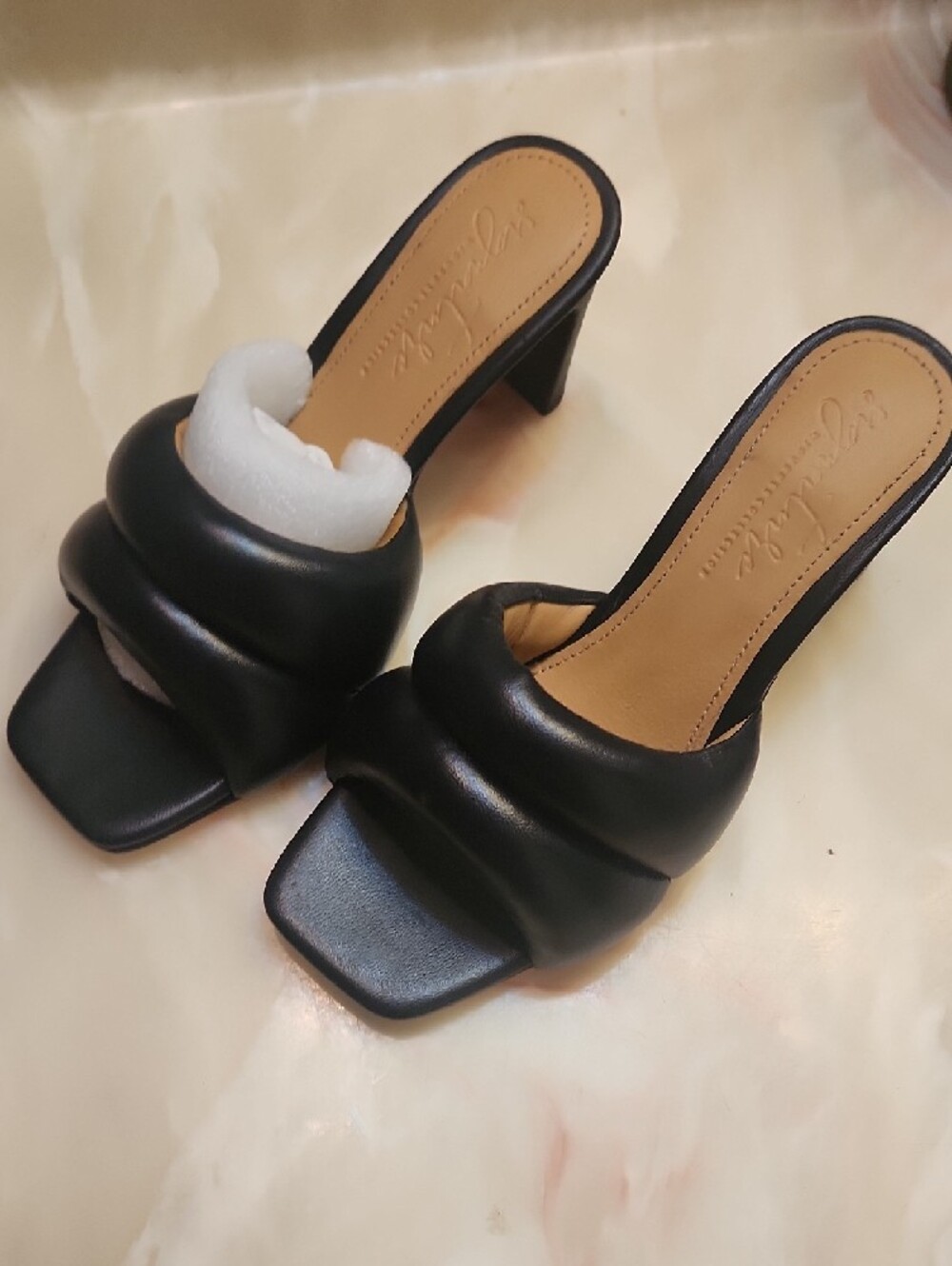 Quinn Padded Black Mule Heels — Women's Slip-On Sandals - Picture 2 of 9